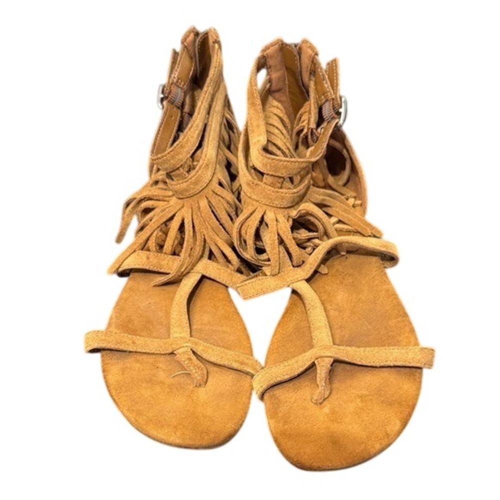 Womens Brown Suede Gladiator Fringe Sandals Zip‎ Back Flat Ankle Strap